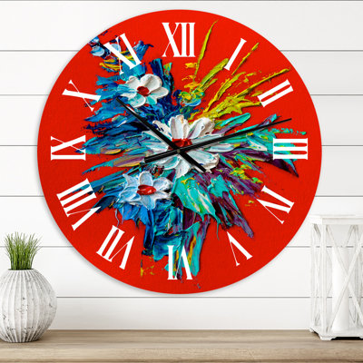 Daisies in The Garden on Red Background - Farmhouse wall clock