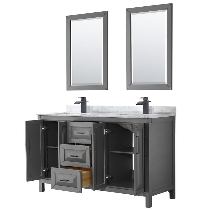 Daria 60'' W Double Vanity, White Cultured Marble, Dark Gray, Matte Black