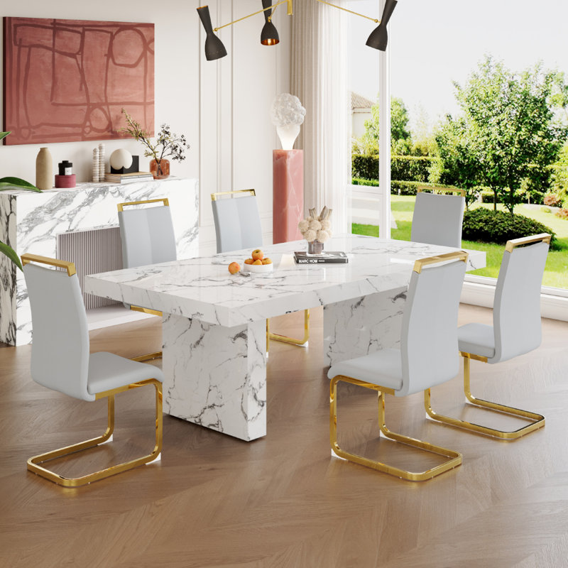 Ensemble de 6 tables de salle à manger en bois, Gris clair, 7 pièces : table, 6 chaises