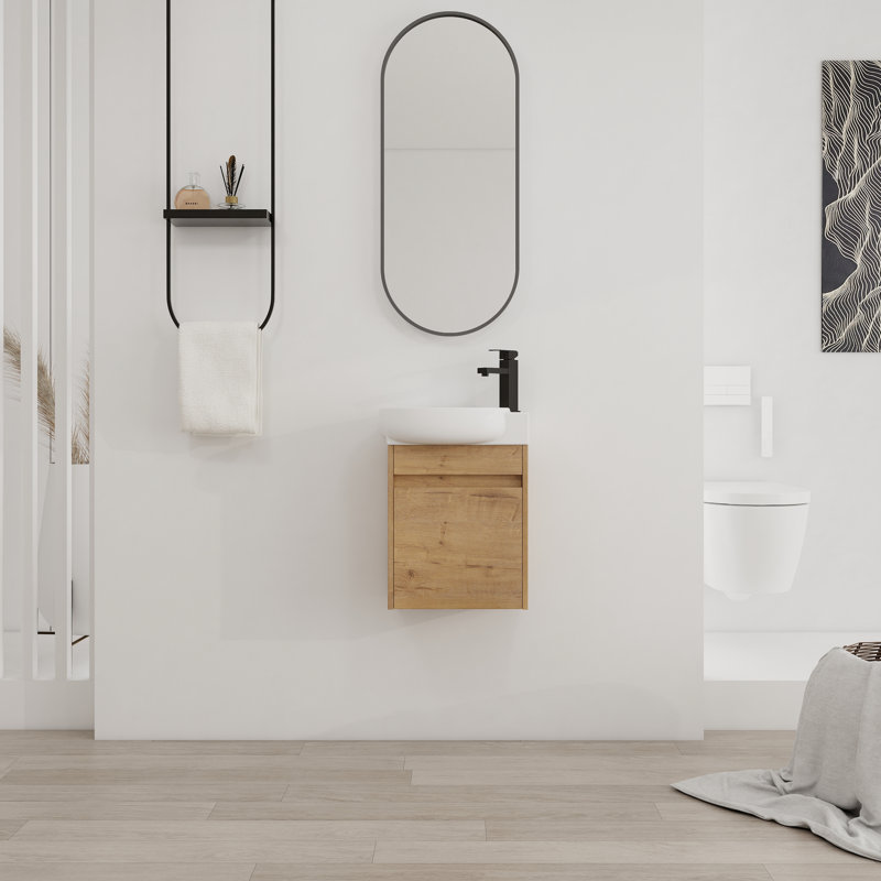 Meuble-lavabo mural avec lavabo en céramique et porte à fermeture en douceur, Imitation chêne