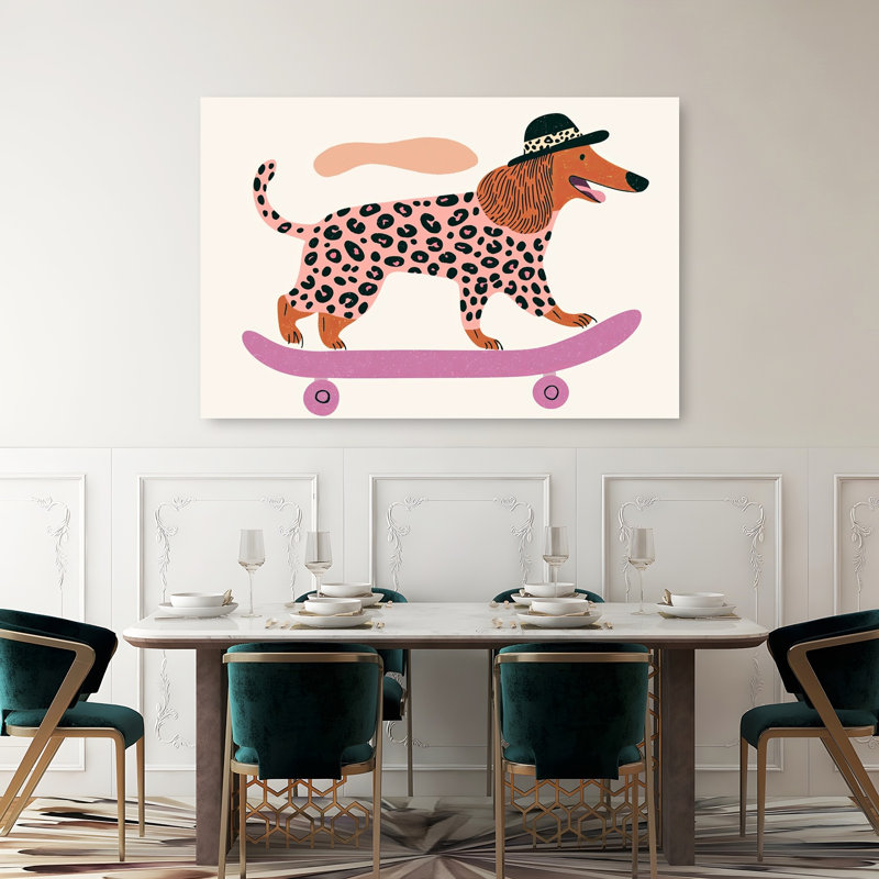 Cool Dog On Skateboard Modern Playful Contemporary Dog Wall Art Print 1 Piece Wrapped Canvas Wall Art, 101.6cm H x 152.4cm W