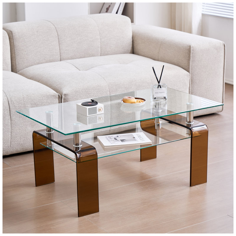 Table basse moderne en verre trempé avec pieds en fumée, Plateau transparent / base brune