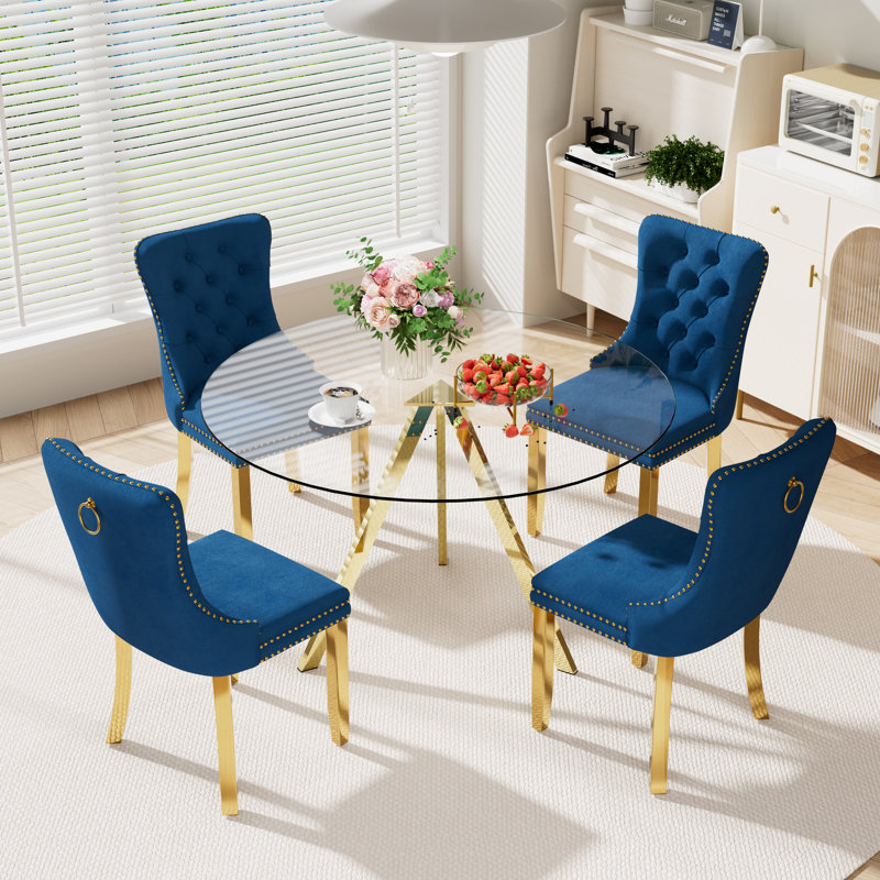 5-Piece Pedestal Gold Dining Set, Blue, 30" H x 47" W x 47" D