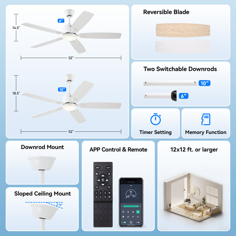 Ceiling Fans With Lights, Smart Ceiling Fan With App And Remote Control, White, 52" Wide