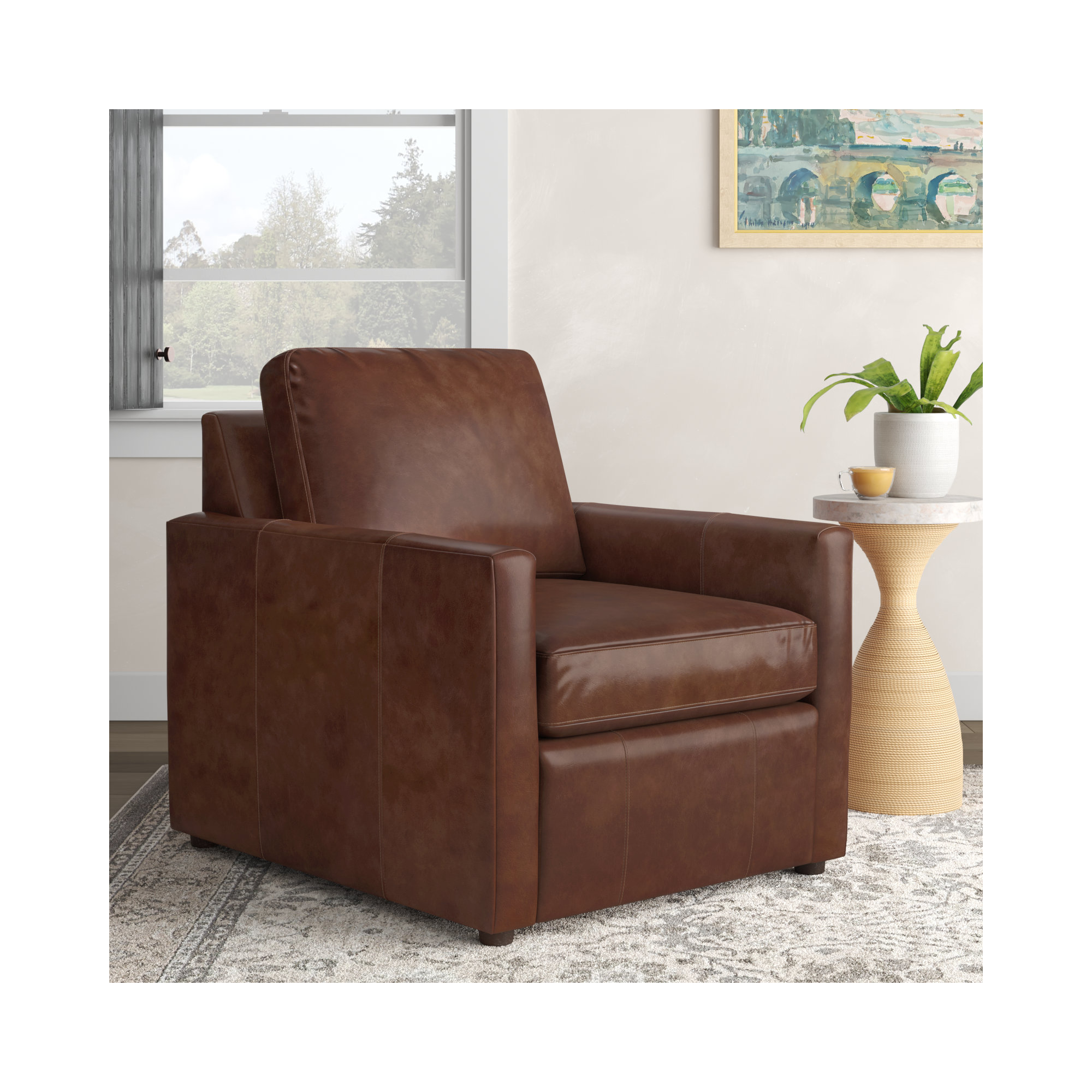 Savannah Upholstered Armchair, Rustic Genuine Leather