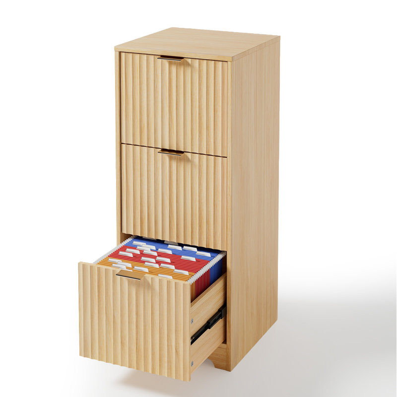 3 Drawer Wooden File Cabinet Wood Grain Finish Fluted Design P2 MDF & Particleboard