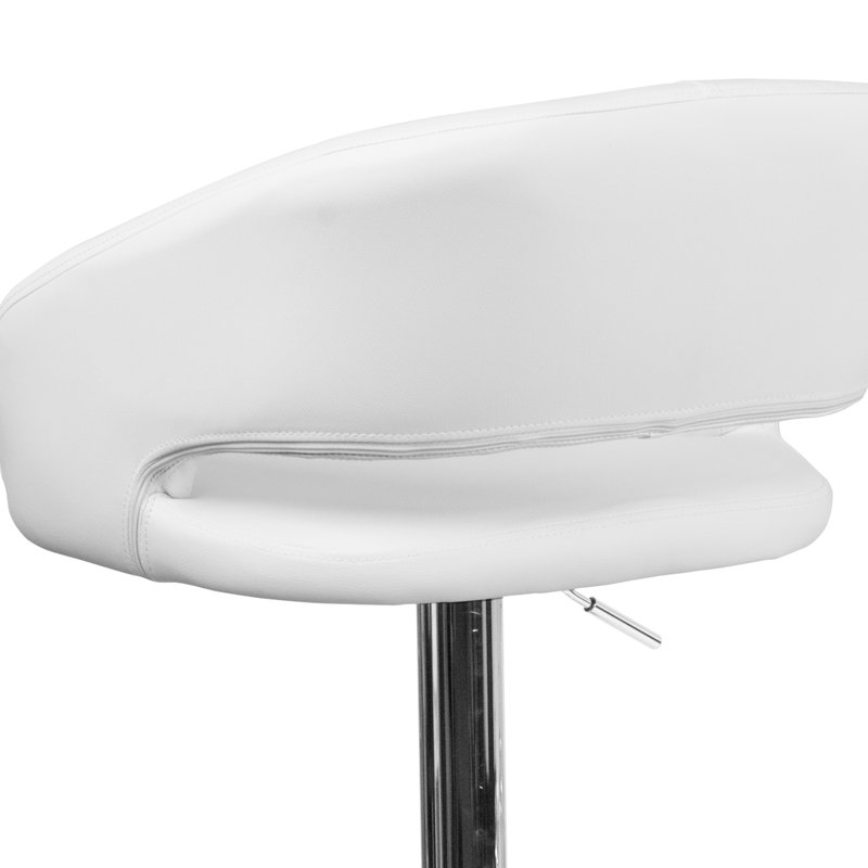 Contemporary Vinyl Adjustable Height Barstool with Rounded Mid-Back, White, Chrome