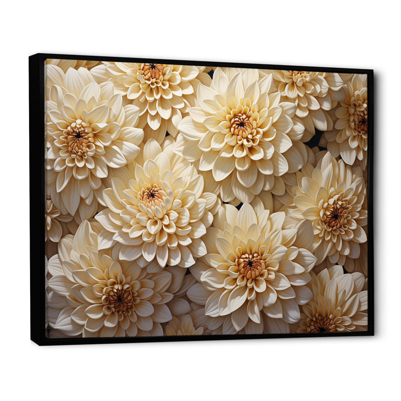 «White Minimalisme Chrysanthemums», mosaïque sur toile, Cadre flottant noir, H 34 po x l 44 po x P 1,5 po