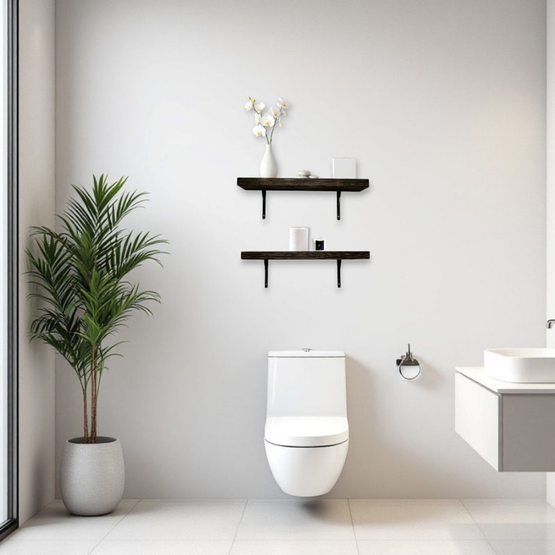 Slim Metal Bracket Shelves, set of 2, 6" H x 24" W x 5.5" D, Black/Dark Brown Wood