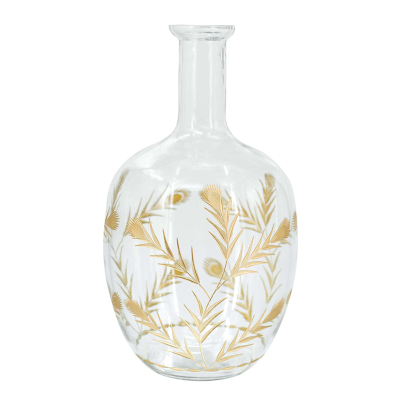 D9.1x16.1 "Vase décoratif en verre incurvé avec cou allongé et motifs floraux dorés