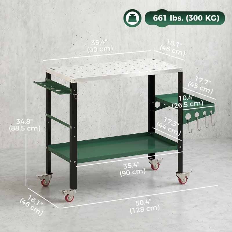 Chariot à outils 2Tier avec plateau latéral, argent et vert