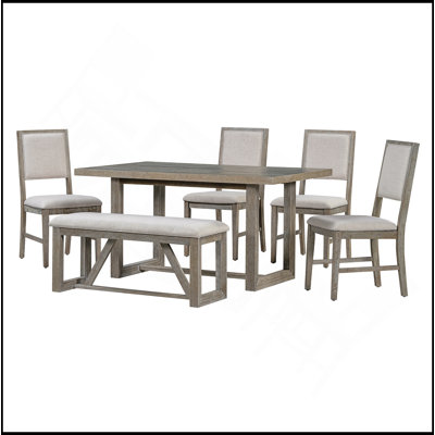 Ensemble de table de salle à manger 6 pièces pour 6 personnes, table de cuisine en bois de 60 po et 4 chaises avec banc et base en tréteaux pour la cuisine et la salle à manger (gris)
