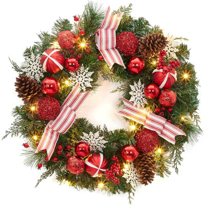 24in Pre-lit Xmas Wreath with 20 LED Timer, Red Berries Pine Cones for Door Decor