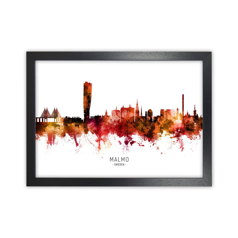 Malmo Sweden Skyline Red City Name by Michael Tompsett - Print, 34cm H x 46cm W x 3cm D, Black Framed