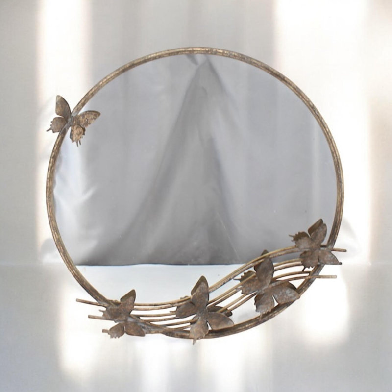 Metal Butterfly Gold Round Wall Mirror | Decorative Stylish Mirror with Butterfly Accents for Bedroom and Living Room