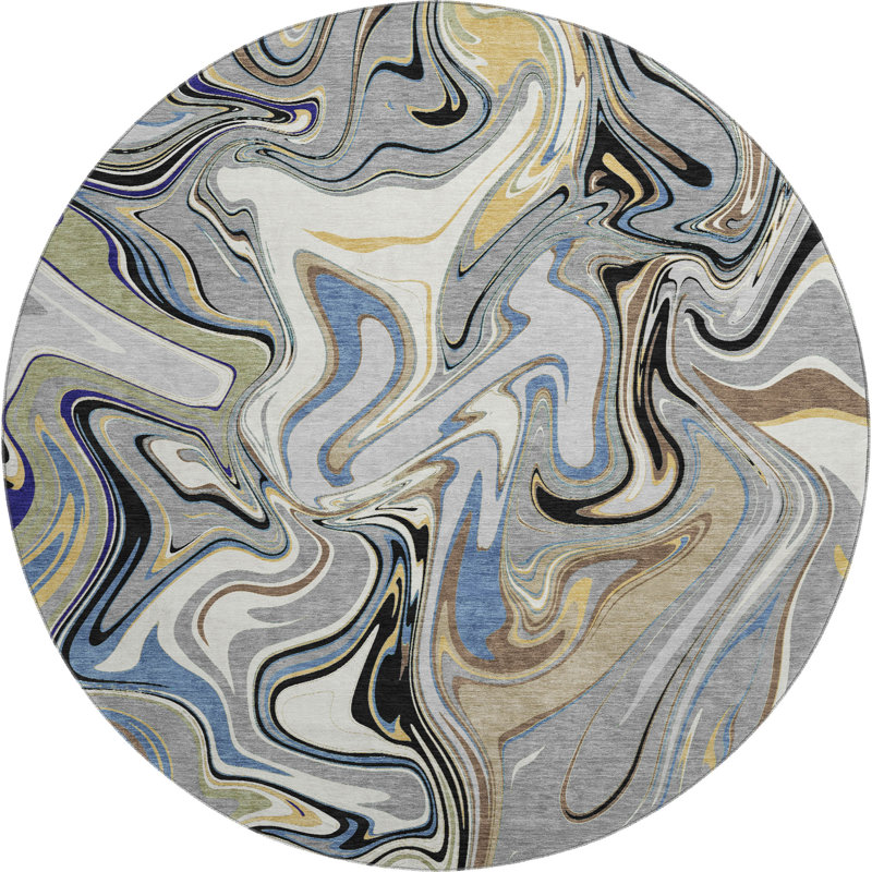 Premium Machine Washable Mayfield AMF2395 Abstract Rug, Gray, 8' Round