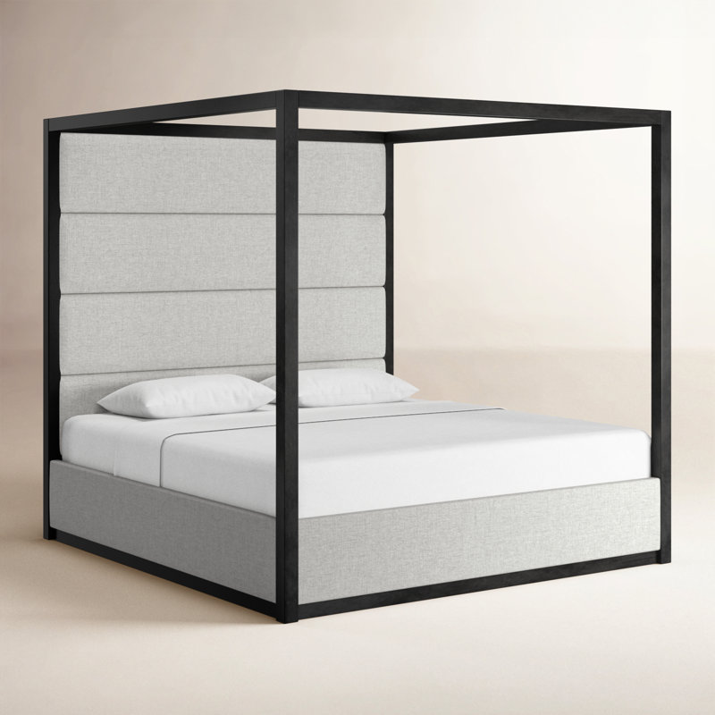 Langley Tufted Canopy Bed, King, Gray/Off-White