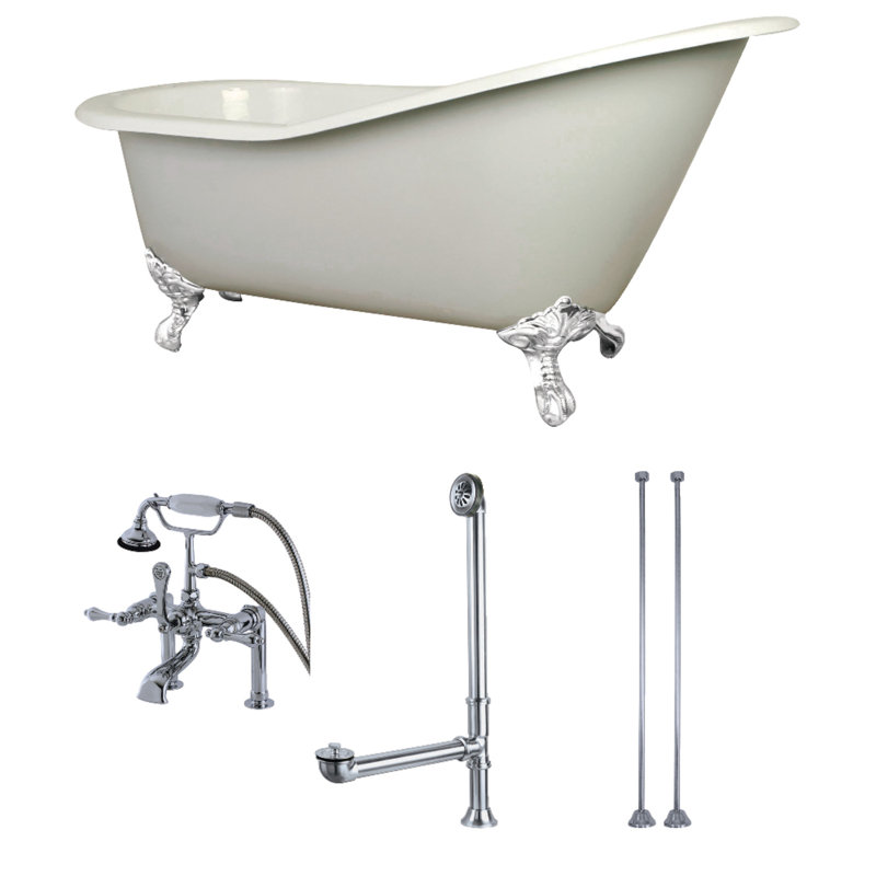 Kingston Brass Aqua Eden 62-Inch Cast Iron Oval Single Slipper Clawfoot Tub with Faucet Drain and Supply Lines Combo