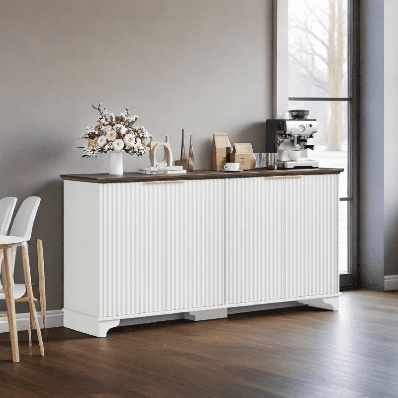 Buffet cannelé avec rangement, armoire de rangement pour cuisine à 4 portes, armoire à café avec tablettes réglables, pieds de soutien supplémentaires pour la cuisine et le salon
