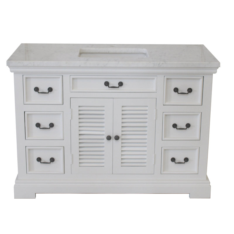 Meuble-lavabo simple 48 po à deux portes avec finition blanche et plateau en marbre blanc, 48"