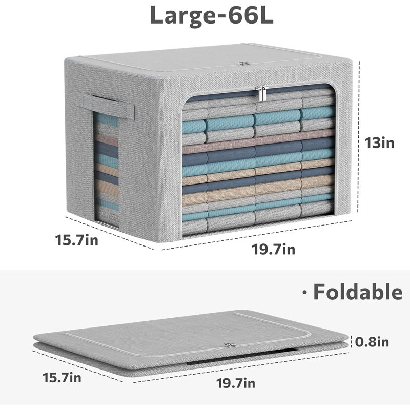 Ensemble de 3 bacs de rangement pliables de 66 litres avec fenêtre transparente et poignées