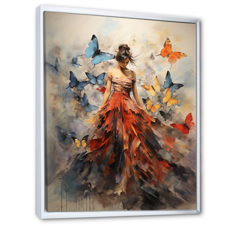 Papillon et femme dansant I - art mural papillon, H 44 po x l 34 po, Reproduction avec cadre flottant, Blanc