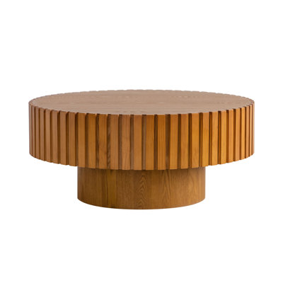 31.5" Handcrafted Relief Round Wooden Coffee Table | Sturdy Pedestal Base, Decorative Tea Table for Living Room