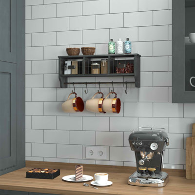 Thalha Wall Mounted Storage Rack with Upper Shelf, Wire Baskets, and Hooks