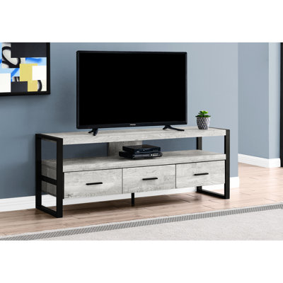 Salon et chambre à coucher Console de télévision 60 pouces, finition stratifiée grise et métal noir, avec support contemporain de rangement, rangement pour centre multimédia, pour chambre à coucher, 80 à 89 téléviseurs