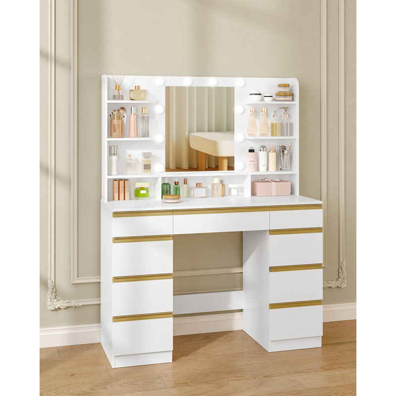 Dressing Table with Bulb/LED Light, Vanity Desk with 1 Large Drawer and 8 Small Drawer Cabinets, Adjustable Brightness, Large HD Mirror, 9 Open Storage Areas
