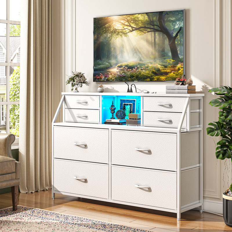 8 Drawer Dresser For Bedroom With Power Outlets & Led Lights, Chest Of Drawers With Open Shelves, White