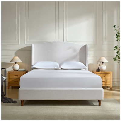Hannah King Size Upholstered Wingback Bed Frame - Ivory Textured Canvas with Tall Camelback Headboard, No Box Spring Needed