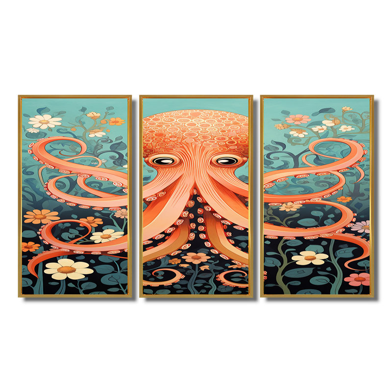 Manahan - ensemble de reproductions d'art mural pieuvre / calmar, Cadre flottant doré, H 28 po x l 36 po x P 1 po