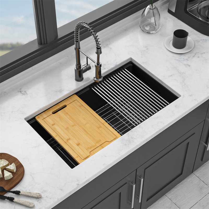 Quartz Kitchen Sink - 33X19" Black Granite Composite Workstation Undermount Kitchen Sink, Black