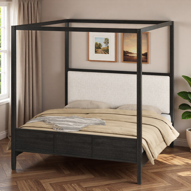 Lit plateforme à baldaquin en bois avec tête de lit tapissier, Black, Grand lit