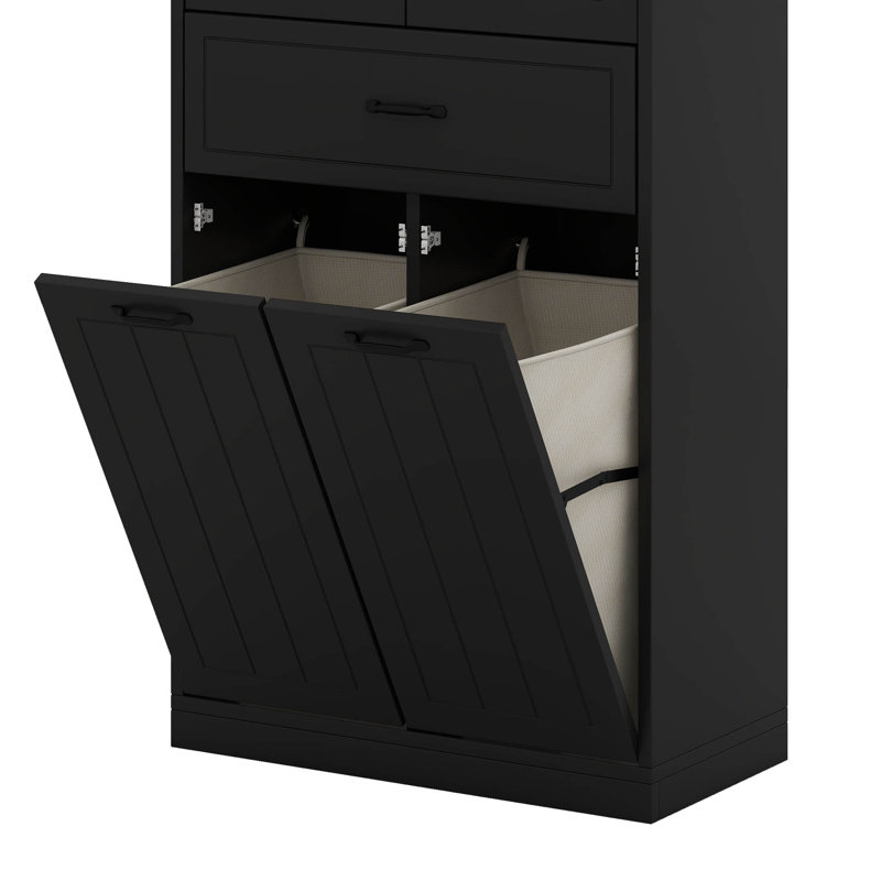 Armoire de rangement pour salle de bain avec deux paniers à linge, armoire de rangement avec portes et tiroir, Noir