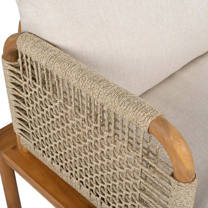 Fauteuil club d'extérieur en bois d'acacia et corde avec coussins