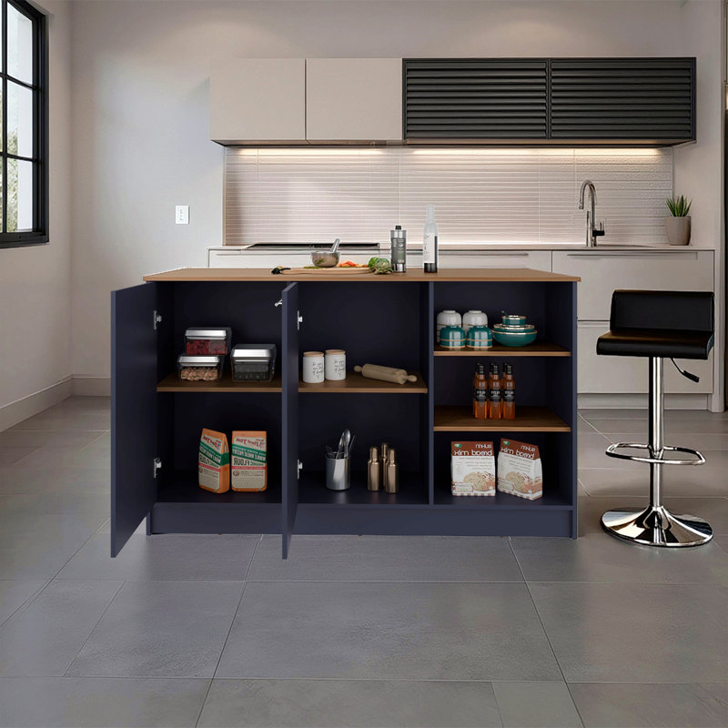 Blue And Natural Oak Kitchen Island With Storage Cabinet And Open Shelves