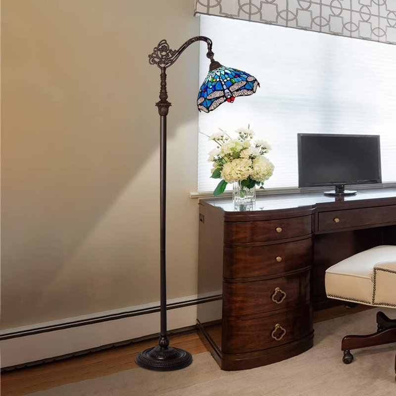 Tiffany Style Floor Lamp With Crystal Blue Dragonfly Design, Handmade Stained Glass Shade, Adjustable Gooseneck, And Stable Resin Base For Living Room, Bedroom, Or Home Office