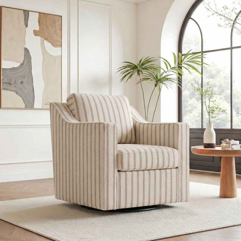 Bronnen Big And Wide Upholstered Pinstripe Light Brown Cushion Swivel Armchair with Removable Back and Seat Cushion