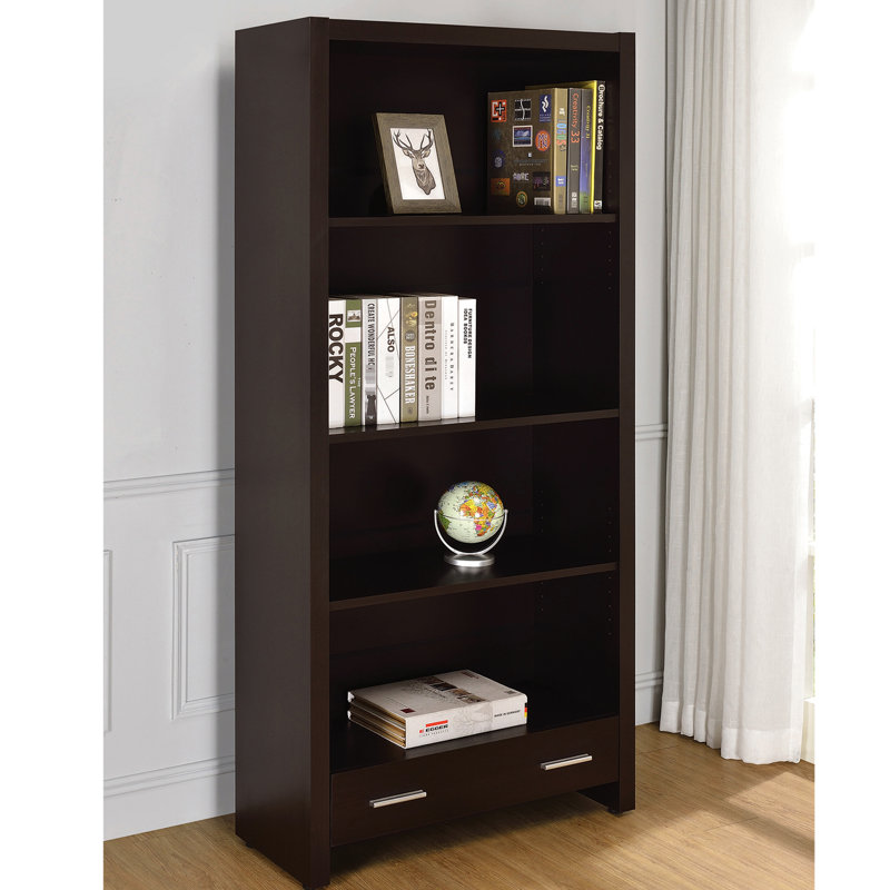 Bibliothèque à 4 tablettes Cappuccino, tiroir de rangement caché, design épuré, bois d'ingénierie, bibliothèque idéale pour la salle d'étude avec placage stratifié, tablettes à l'arrière fermées, unité de bureau