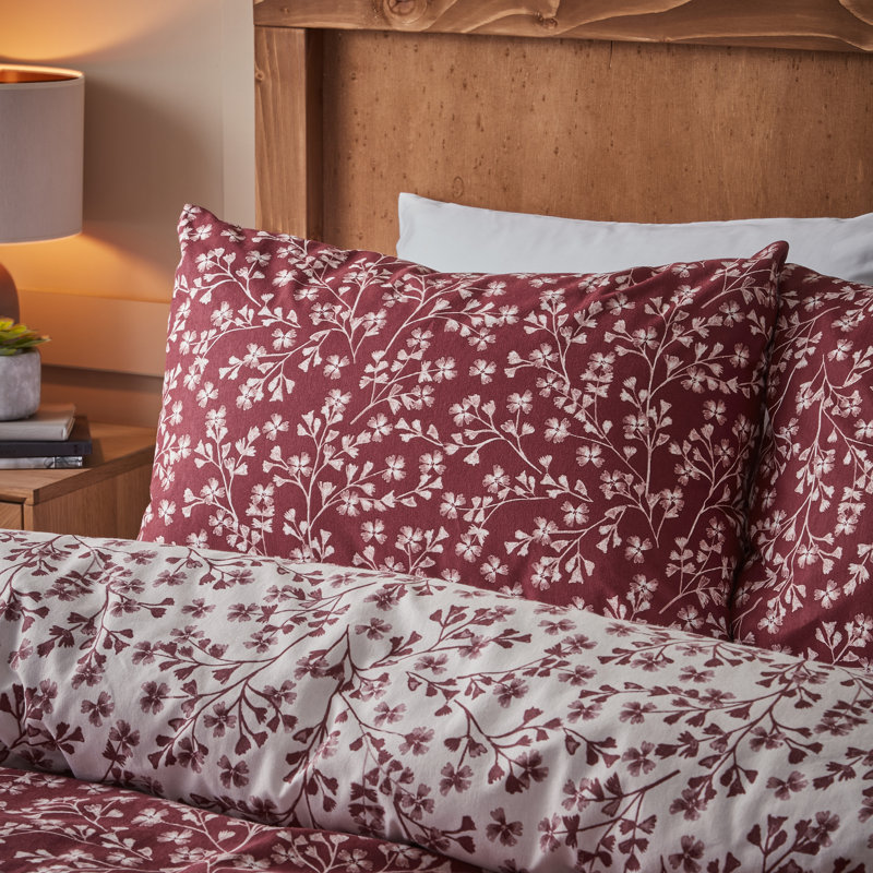 Brushed Grace Floral Leaf Cotton Reversible Duvet Cover Set, Double Duvet Cover + 2 Standard Pillowcases, Red