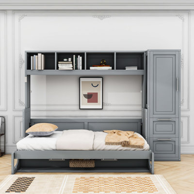 Lit escamotable en bois avec tablettes et tiroirs Nodine