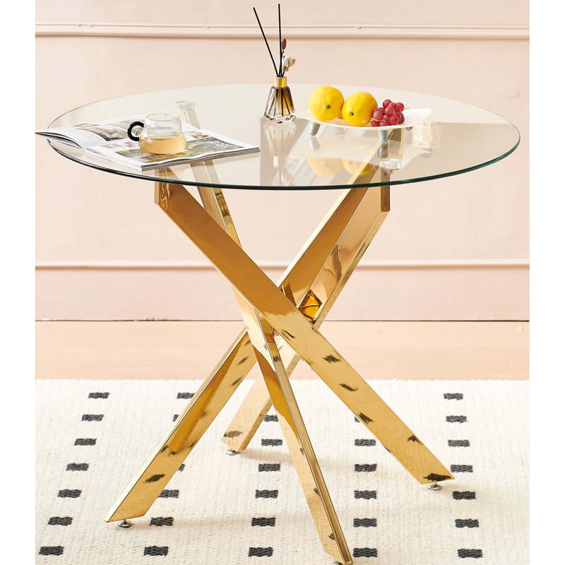 Golden Dining Table With Cross Metal Legs And Glass Surface, 35.06 In Depth, Stable Time - Efficient Top Kitchen Legs, Width, Innovative Details