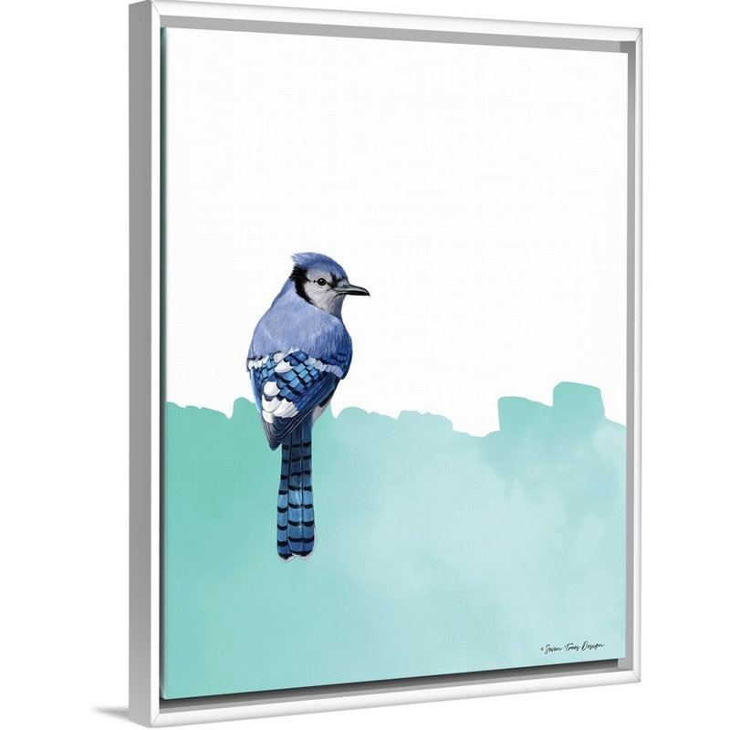 " Bird On Blue " Painting Print, 18" H x 14" W x 1.75" D, White Framed