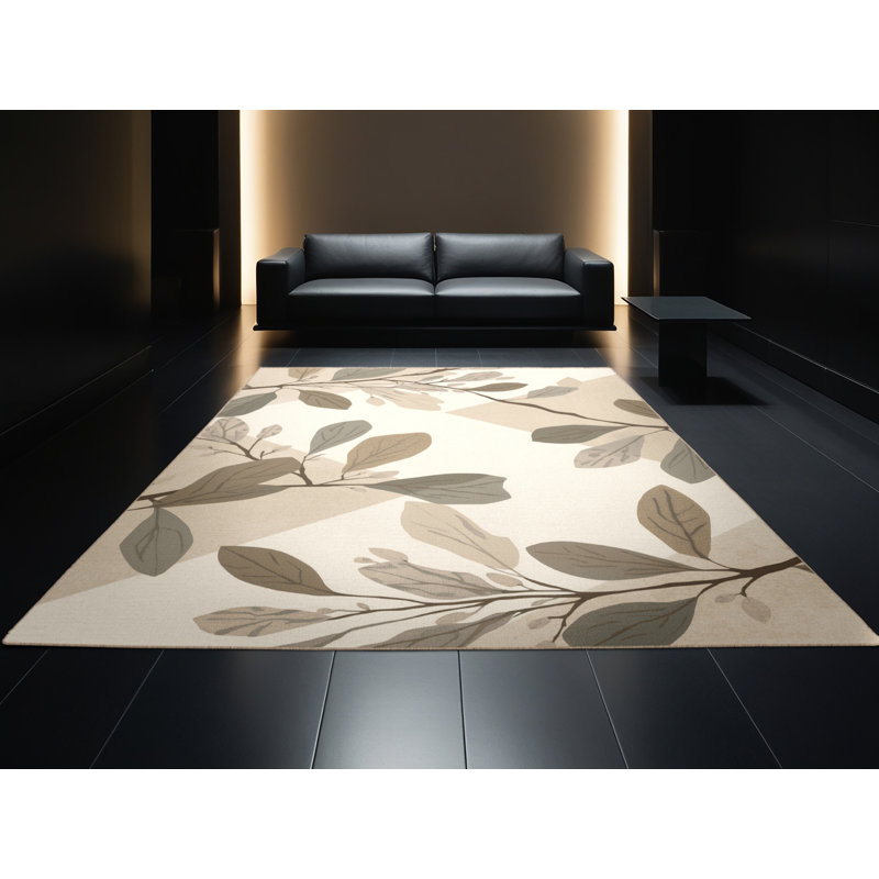 Machine Washable Oyan Olive Branch Coastal Geometric Rug in Beige – Beige Binding, 8' Square