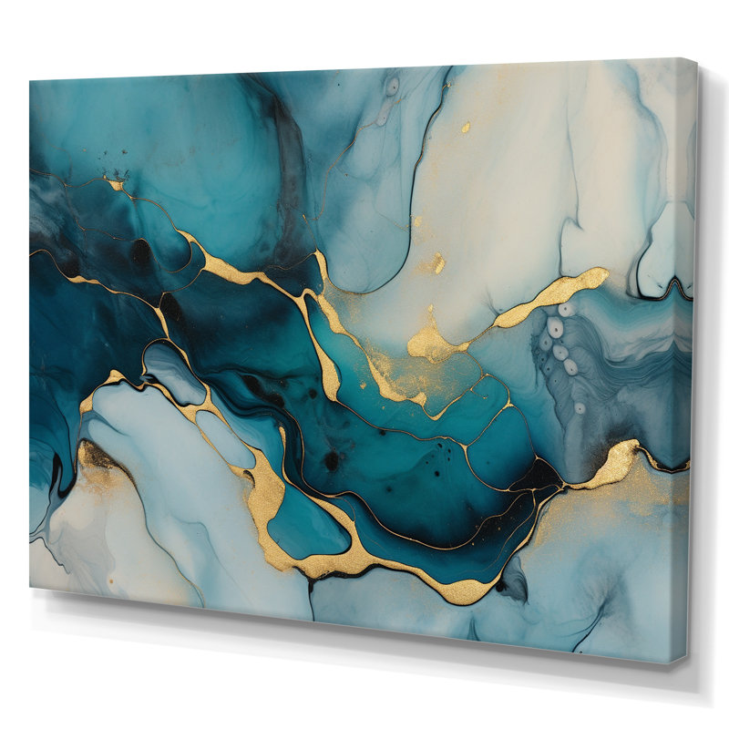 Impression sur toile encadrée turquoise or infusée IV - Fractales, H 34 po x l 44 po x P 1,5 po, Toile tendue