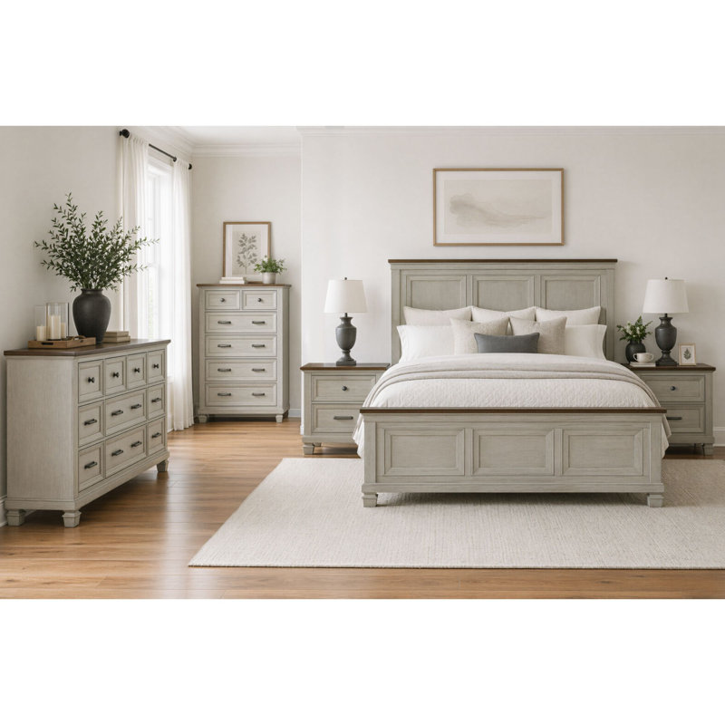 Berryhill Queen 5PC Bedroom Set In Medium Brown And Washed Stone, Queen, 5 Pcs: Bed, Dresser, Chest, 2 Nightstands