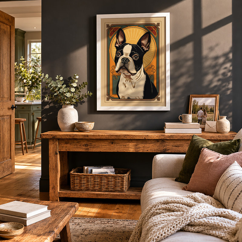 Boston Terrier Art Deco - Framed Print, A2 - 59.4 x 42.0 cm, White