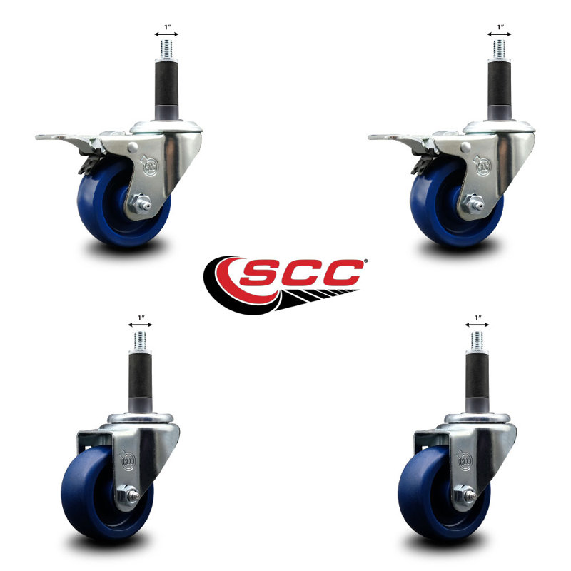 Solid Poly Swivel Expanding Stem Caster Set 2 Total Lock Brakes, 3" x 1"